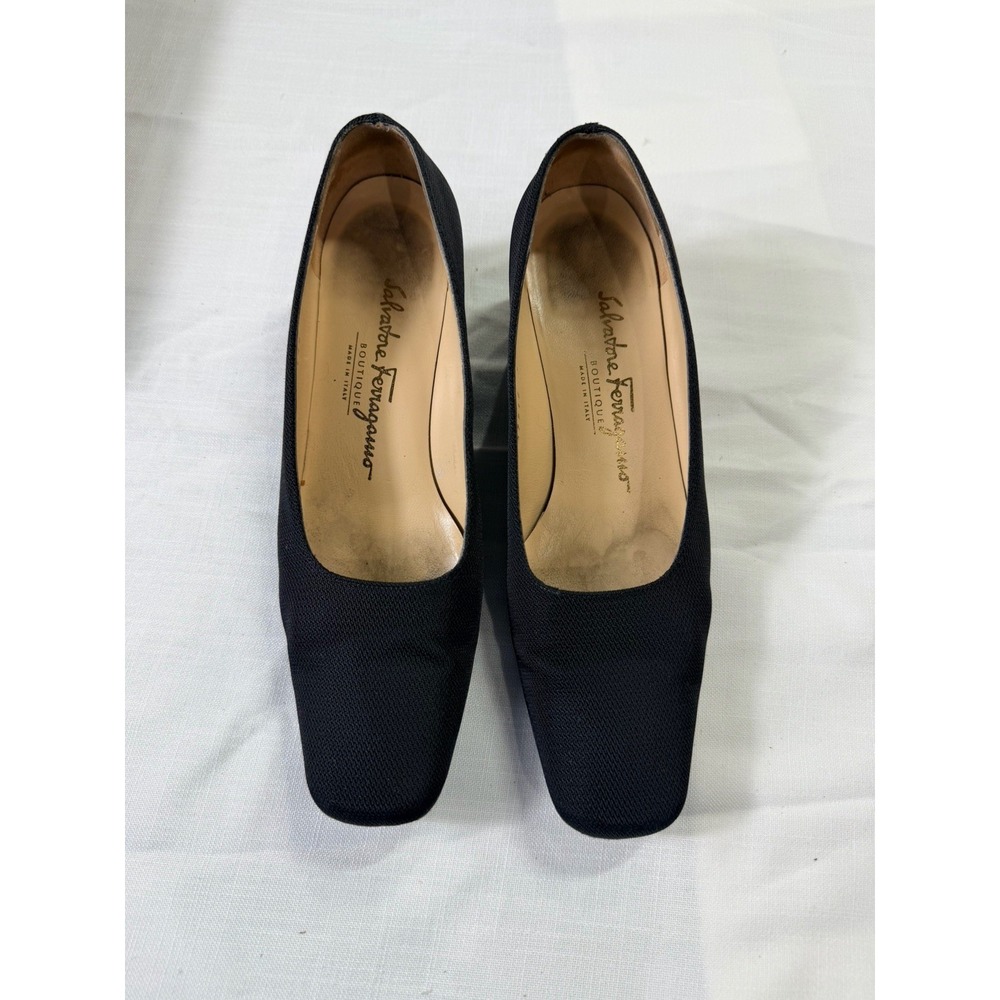Vintage Ferragamo Fabric Pumps Black Square Toe Heels Italy 7 B Tours